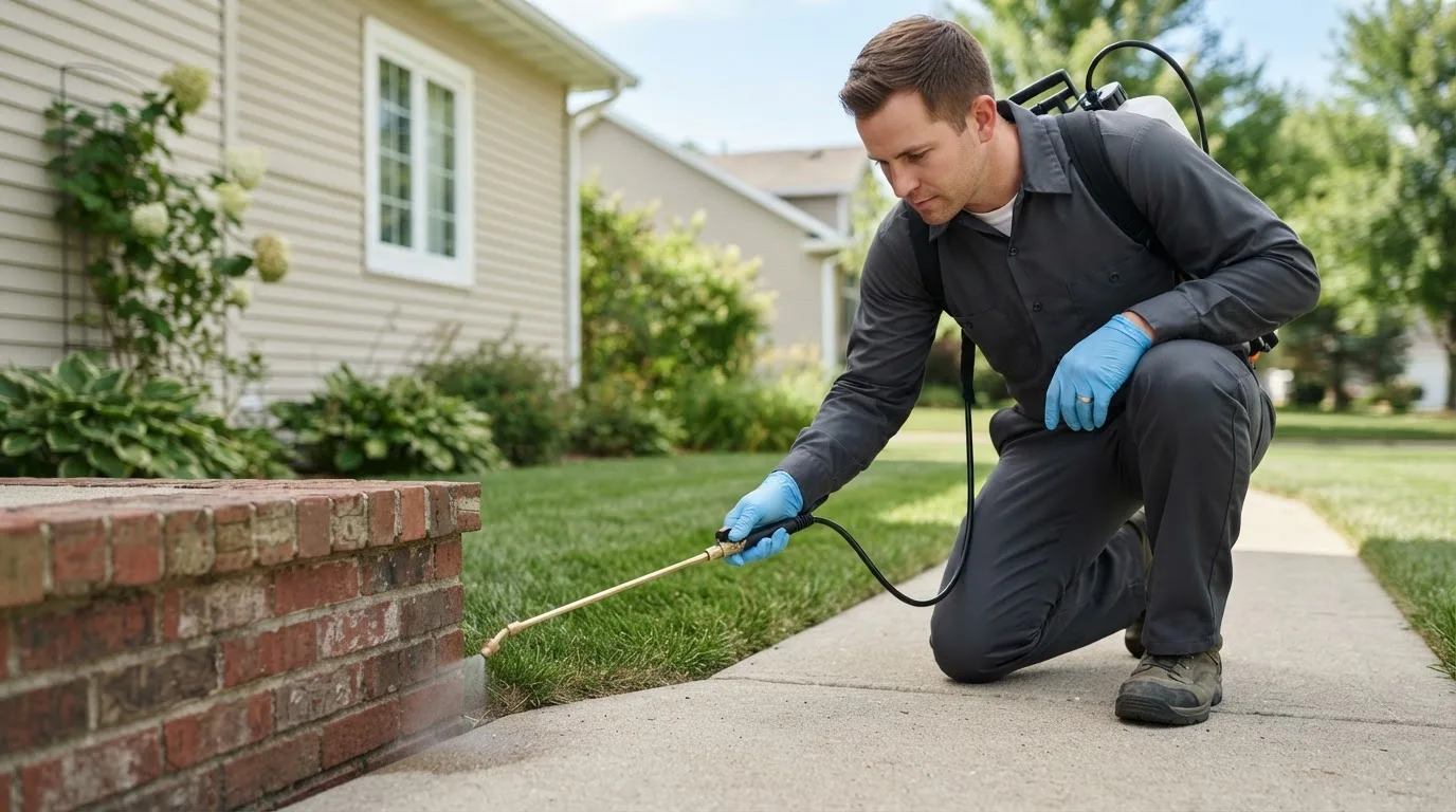 Pest control technician treating a home near Leonard, ND