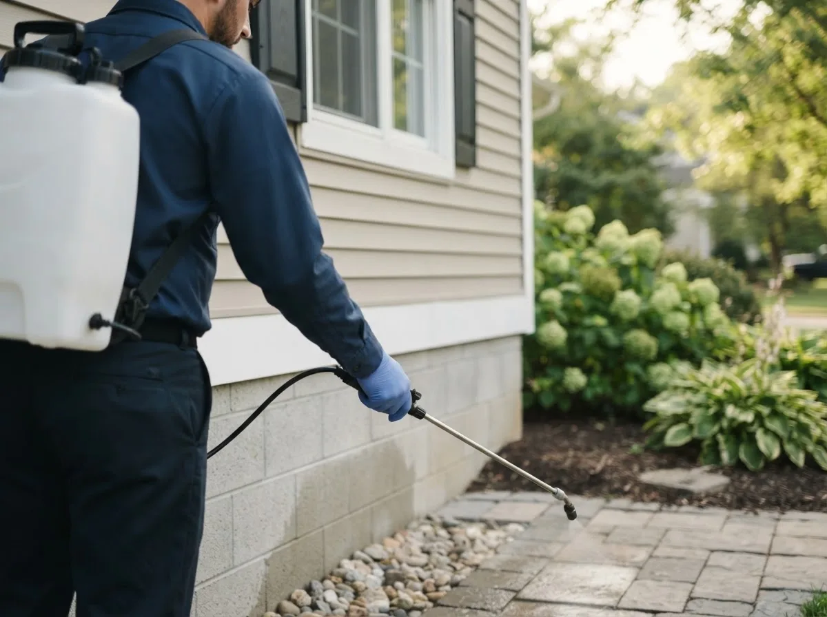Pest control technician inspecting a home in Leonard, ND